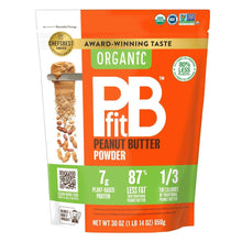 PBfit organic peanut butter powder pouch, orange and white front panel