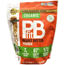 Organic peanut butter powder pouch front, orange package with green nutrition panel