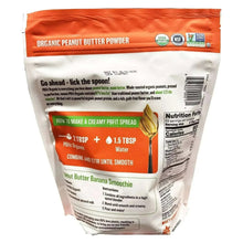 Organic peanut butter powder pouch back with mixing directions and nutrition facts