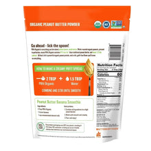 Organic peanut butter powder pouch back with instructions and nutrition facts panel