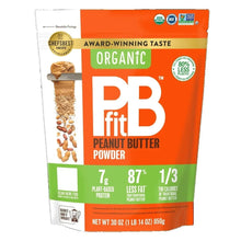 Organic peanut butter powder pouch, orange and white front with label