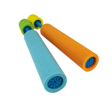 Neon foam water blaster toy pair with orange and blue barrels, yellow and green ends