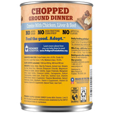 Wet dog food can back label with feeding guidance, ingredients, and analysis.