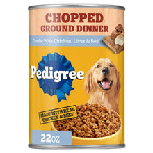 Wet dog food can, chopped ground dinner with chicken, liver and beef, 22 oz.