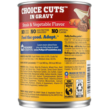 Wet dog food can back label, Choice Cuts in Gravy steak & vegetable flavor