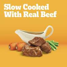 Slow-cooked beef in gravy with carrots and green beans, dog food in serving bowl