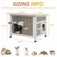 Outdoor cat house with double front openings, hinged roof, and raised legs