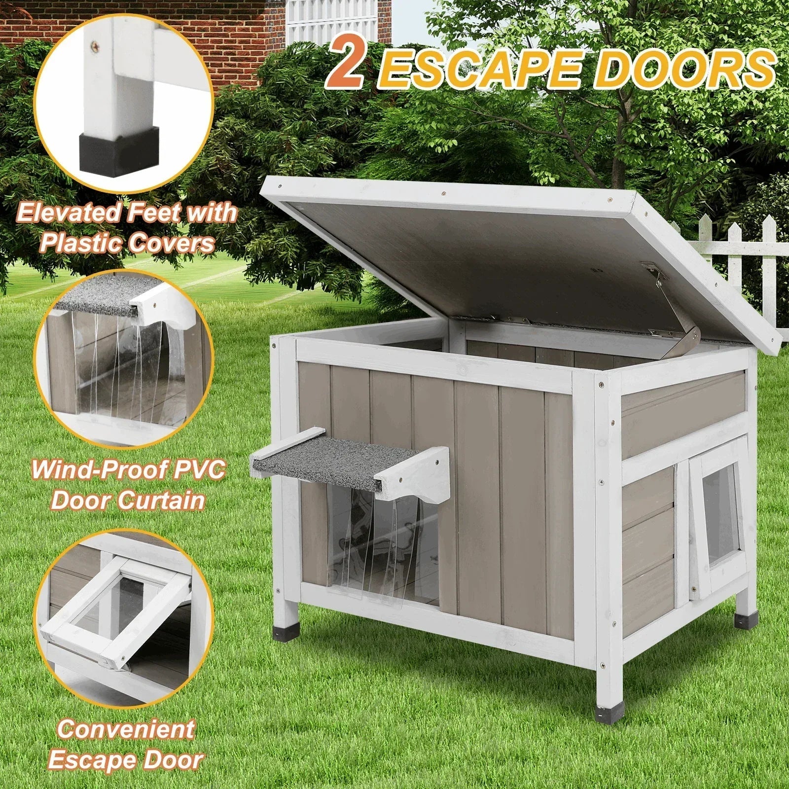 PETSCOSSET Outdoor Cat House, Weatherproof Solid Wood Cat Shelter with Openable Roof for Small Animals