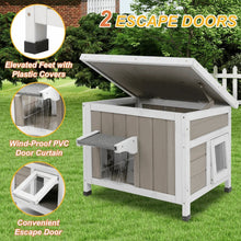 Outdoor cat house with two escape doors, elevated feet, and PVC door curtain