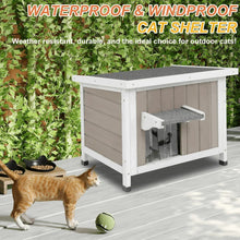 White outdoor cat shelter with weatherproof hinged roof and front access opening