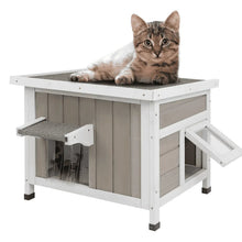 Solid wood outdoor cat house with openable roof, front entry, and top perch