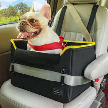 PETSFIT pet booster car seat in black with padded interior, used on a car seat
