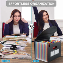 Black accordion file organizer with rainbow pockets and label windows, shown open