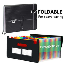 Black accordion file organizer with rainbow side pockets, snap-secured fold-over front