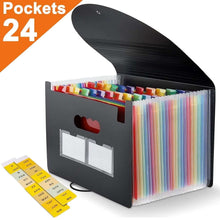 Accordion file organizer with 24 color pocket sections and label cards, black