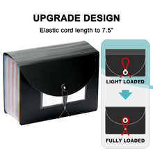 Accordion file organizer with black flap, elastic cord closure and clear label windows