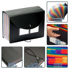 Accordion file organizer with rainbow expanding pockets, fold-over flap and snap buckle
