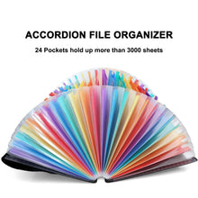 Accordion file organizer fanned with multicolor pocket dividers on black base