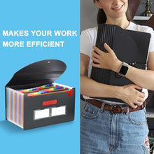 Black accordion file organizer with rainbow pockets and heart-shaped tab on fold-over front
