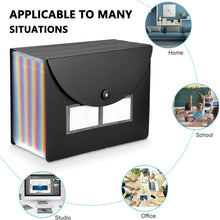 Black accordion file organizer with rainbow side pockets and two label card windows