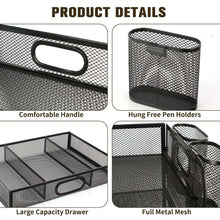 Metal mesh desk organizer details: handle cutout, pen holders, large drawer, open trays