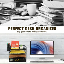 4-tier metal desk organizer with mesh shelves, pull-out drawer, and yellow document tray