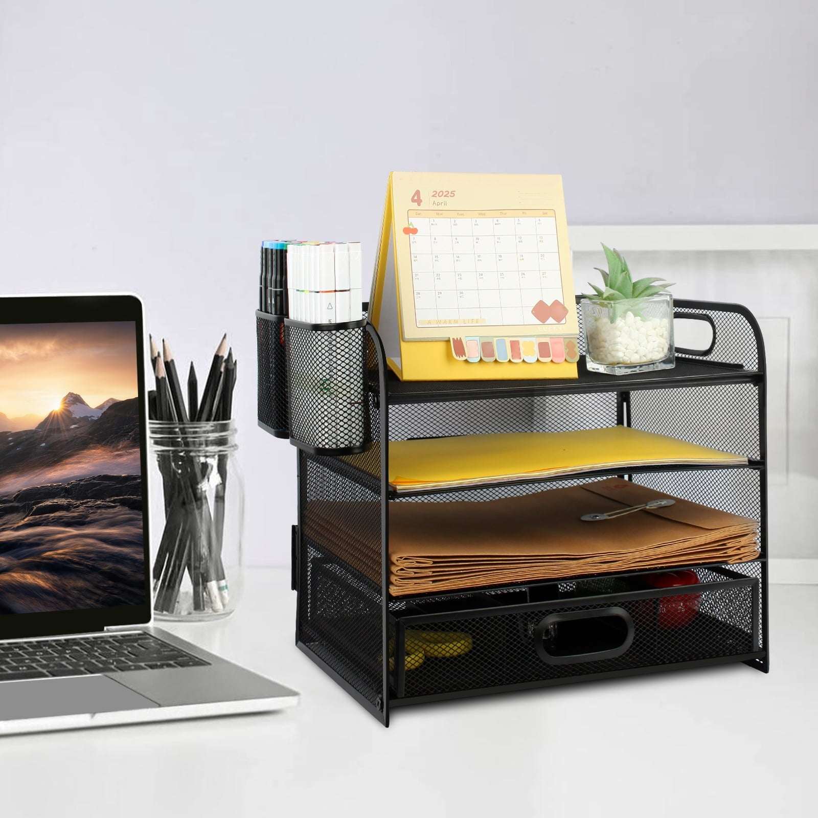 PHANCIR 4-Tier Desk Organizer, New Office Supplies, Metal Desktop File Organizer & Storage with Pull-out Drawer, 1 Pack