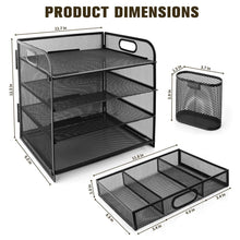 4-tier metal desk organizer with mesh shelves and handle, front and side views