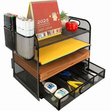 4-tier metal desk organizer with mesh shelves and pull-out drawer, open front