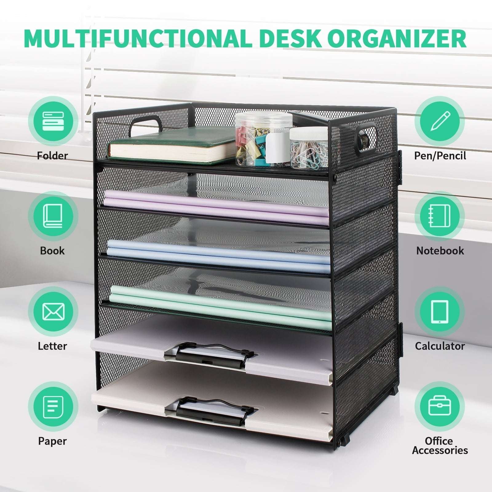 PHANCIR 6-Tier Desk Organizer Paper Storage Box ,Stationery Tray with Handle Mesh Stationery Tray Desktop File Classifier, Suitable for Office, Home