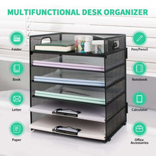 Black 6-tier mesh desk organizer with handle and sliding trays for papers