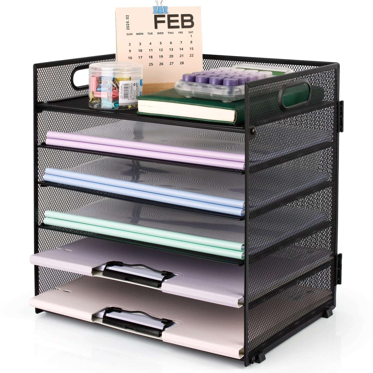 PHANCIR 6-Tier Desk Organizer Paper Storage Box ,Stationery Tray with Handle Mesh Stationery Tray Desktop File Classifier, Suitable for Office, Home