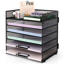 Black 6-tier mesh desk organizer with handle and four sliding document trays