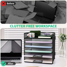 Black 6-tier mesh desk organizer with handle and stacked paper trays