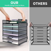 Black mesh 6-tier desk organizer with top handle and side view of open shelves