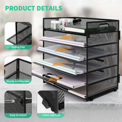 PHANCIR 6-Tier Desk Organizer Paper Storage Box ,Stationery Tray with Handle Mesh Stationery Tray Desktop File Classifier, Suitable for Office, Home