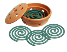 Terracotta mosquito coil burner with teal spiraled coils and lid