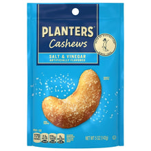 Cashew snack bag with salt and vinegar flavor, resealable, PLANTERS branding.