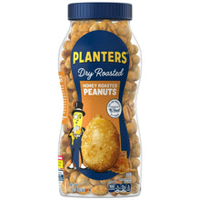 Honey roasted peanuts jar with blue lid and PLANTERS label, dry roasted peanuts