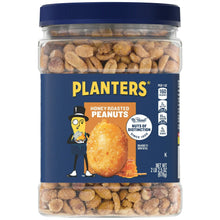 Honey roasted peanuts jar with clear container and blue PLANTERS label