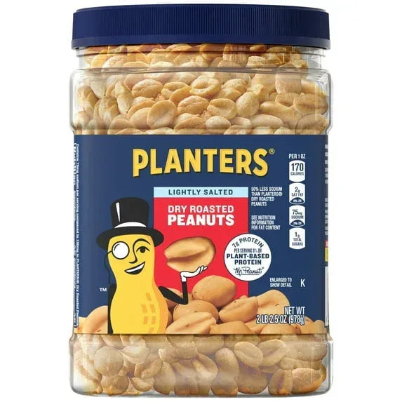 PLANTERS Lightly Salted Dry Roasted Peanuts, Party Snacks, Plant Based Protein, 2.16 lb Canister