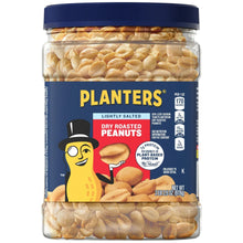 Lightly salted dry roasted peanut canister with PLANTERS label and blue screw lid.