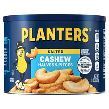 Salted cashew halves and pieces canister, PLANTERS blue label with cashew image