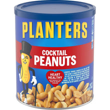 Salted cocktail peanuts tin can with PLANTERS label and cocktail peanuts artwork