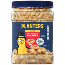 Jar of salted dry roasted peanuts with PLANTERS blue label and whole peanuts inside