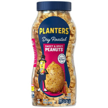 Plastic jar of dry roasted sweet & spicy peanuts, blue label and navy lid