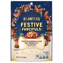 Cashew snack bag labeled PLANTERS Festive Fancifuls, toasted marshmallow hot chocolate cashews
