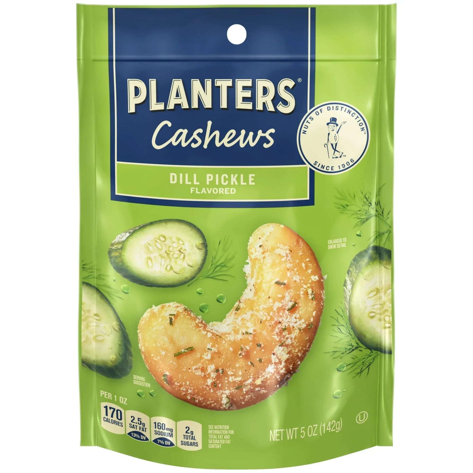 PLANTERS Whole Cashews Dill Pickle Flavored, Party Snacks, Plant Based Protein 5 oz Plastic Bag