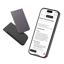 PLAUD note-taker with foldable cover and smartphone showing notes summary screen