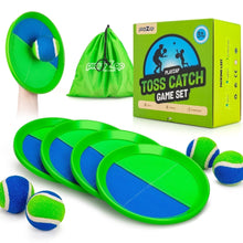 Toss and catch ball set with green-and-blue paddles and sticky foam balls